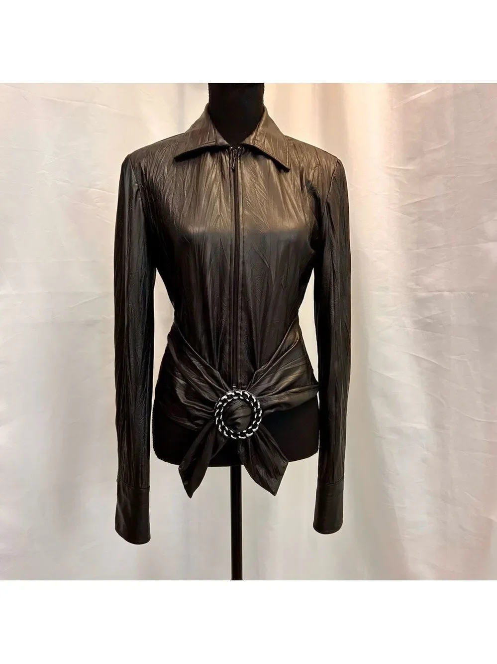 Joseph Ribkoff black faux leather full zip front buckle jacket wrinkled style 6